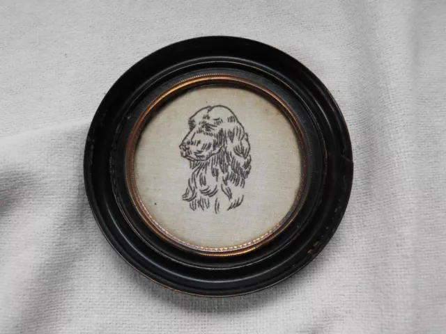 BEAUTIFUL ANTIQUE FRAMED VINTAGE OLD EMBROIDERY PICTURE of DOG BREED ~ SETTER?