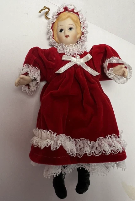 VTG Porcelain Doll Christmas Ornament Red Dress Bonnet w Lace 8” Victorian Style