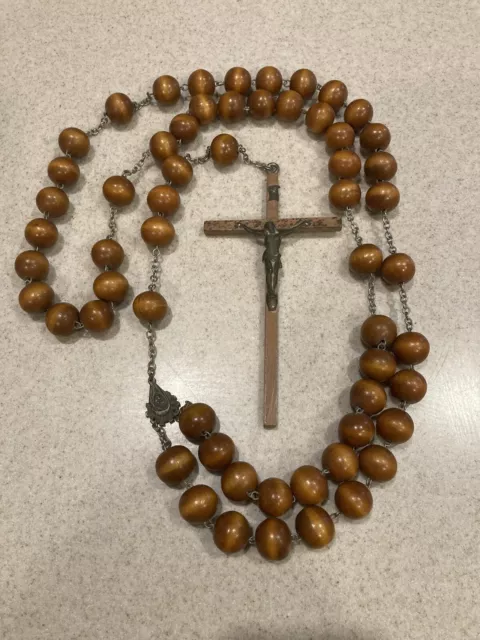 ✝️ Huge Antique Crucifix Religious 45” Priests Wood Rosary Necklace Christ  Mary