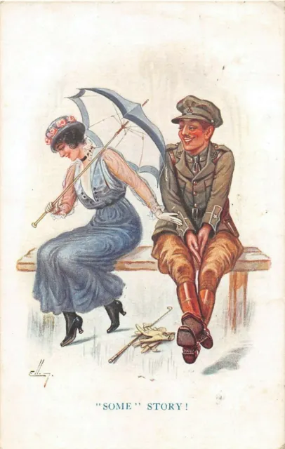 POSTCARD  COMIC  MILITARY  WWI  Officer  and  Girl  "  Some  Story  "  W R ELLAM