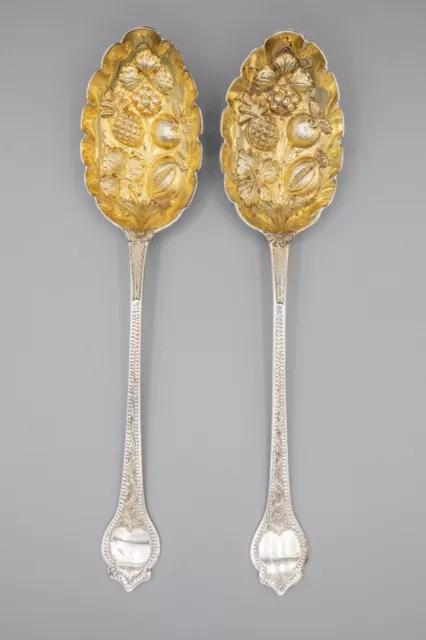 London 1884 JPG Sterling Silver Berry Spoon Pair, Gold Gilt, Hand Chased