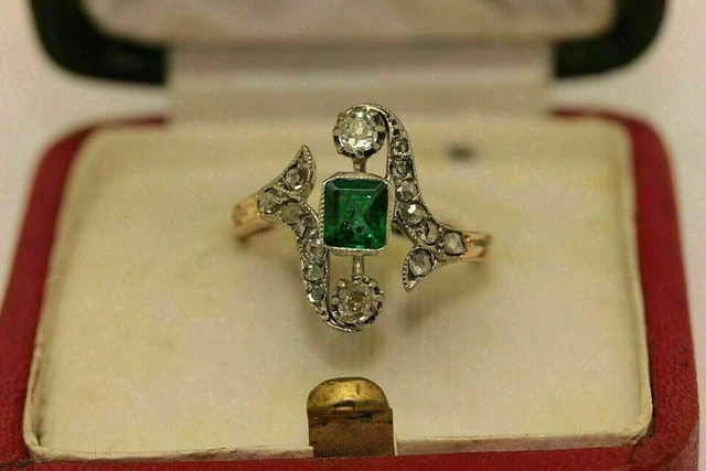 Vintage Art Deco Ring 14K Yellow Gold Plated Silver 2.2 Ct Created Emerald