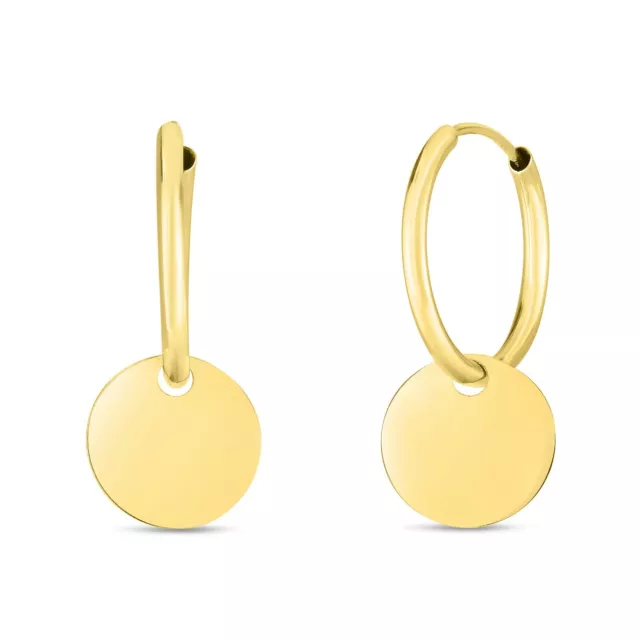 1" Dangle Disk Hoop Earrings Real 14K Yellow Gold