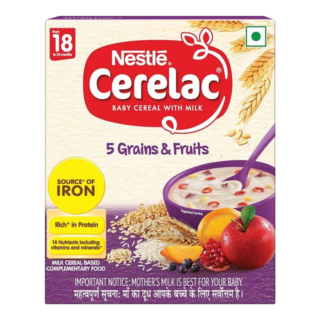 Cereal para bebé Nestlé CERELAC con leche, 5 granos y frutas - de 18 a 24 meses,