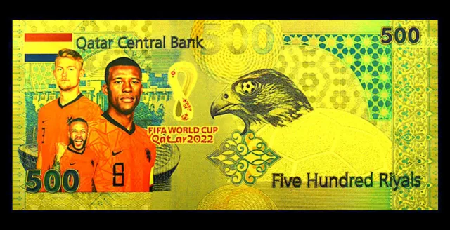 ★ Qatar : Billet Polymer  " Or " Du 500 Riyals 2022 Pays Bas Football ★ A