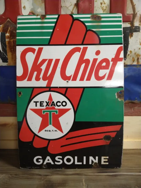 1941 TEXACO SKY CHIEF GASOLINE Made in USA Original Old WW2 Era Porcelain Sign