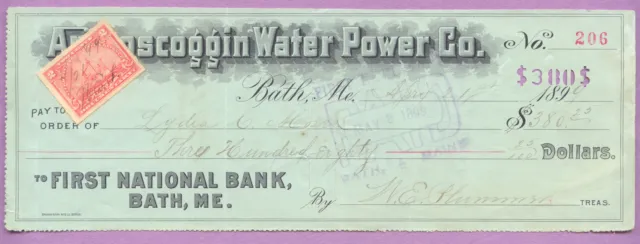 Maine,Cancelled Check,Androscoggin Water Power Co, 1899, FNB Bath ME