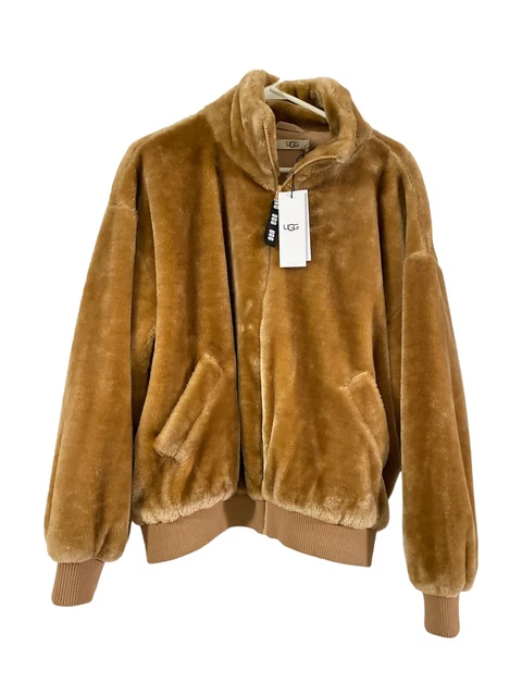 New UGG Laken Full Zip Funnel Neck Sherpa Cozy Coat In Camel Sz Medium
