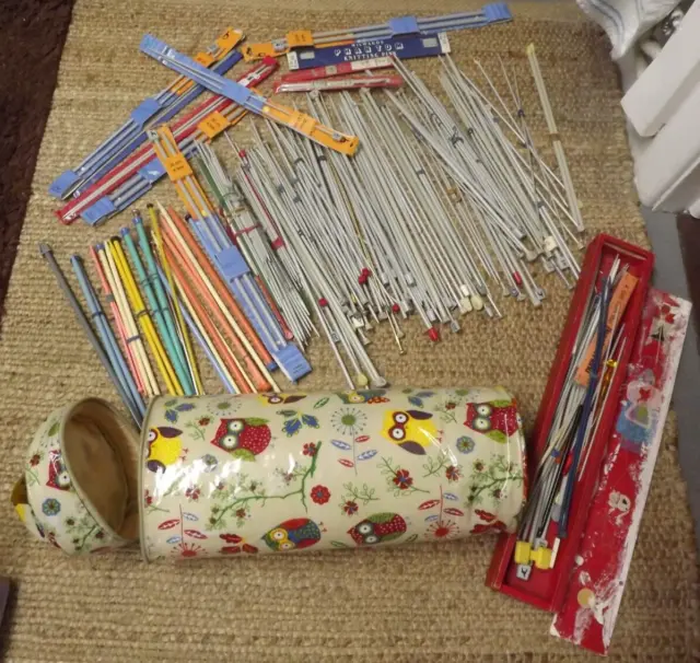 Knitting Needles Mixed Large Bundle With Bag And Wooden Case