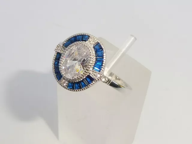 Damen Art Deco Halo Design 925 Sterling Massiv Silber Blau & Weiß Saphir Ring