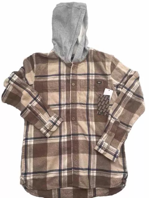 Vans Boys Sz. M 10-12 Off The Wall Skater Flannel Brown Plaid Hoodie Pockets NWT