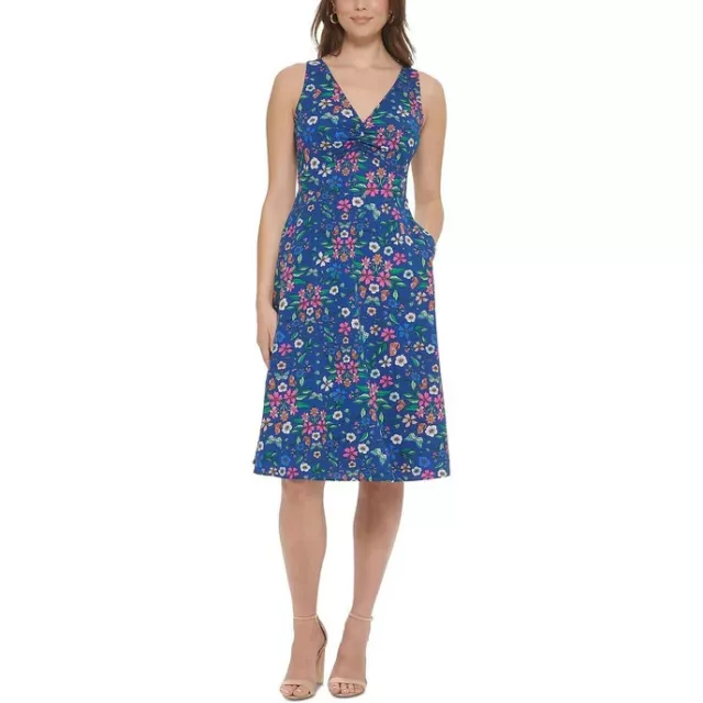 KENSIE Blue Multi Floral Print Fit & Flare V-Neck Sleeveless Dress 6 $129 NWT!