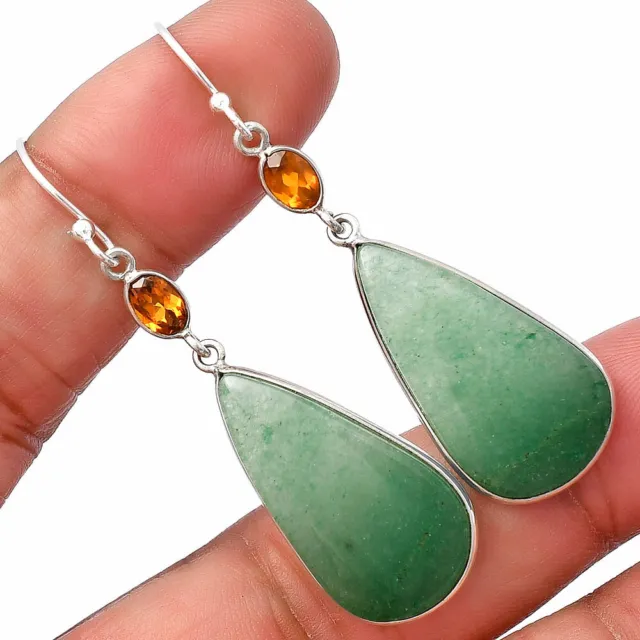Natural Green Aventurine & Citrine 925 Sterling Silver Earrings Jewelry E-1002