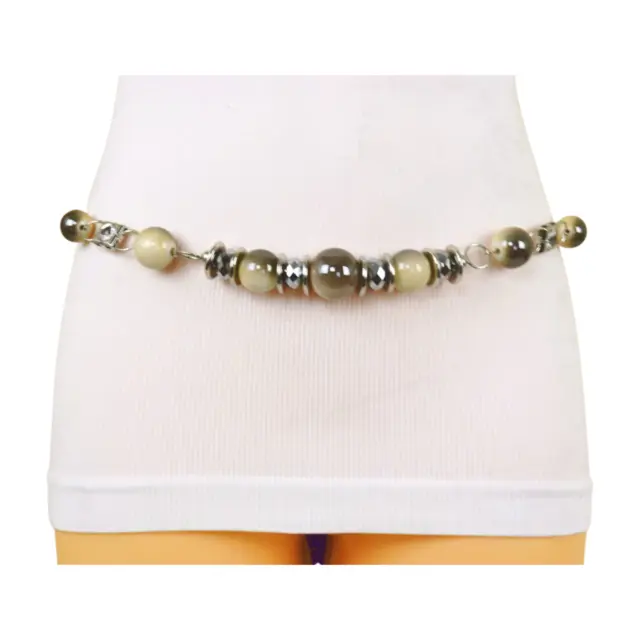 Women Silver Metal Chain Beaded Belt Gray Cream Imitation Pearl Beads Size S M