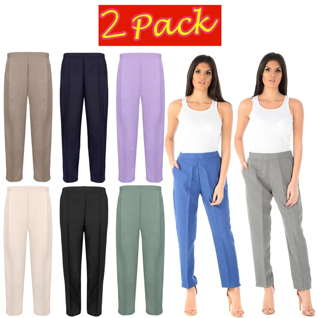 2 PACK LADIES Half Elasticated Trousers Womens Stretch Waist Work