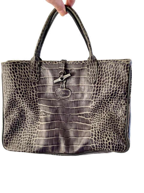 LONGCHAMP CROC EMBOSSED ROSEAU Leather Handbag Tote Gray Bag Purse 13”x9”