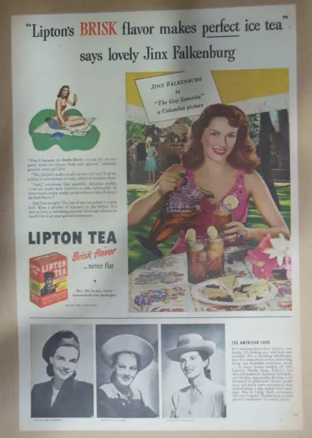 Lipton Tea Ad: Jinx Falkenburg Loves Lipton Ice Tea! 1940's Size: 11 x 15 inches