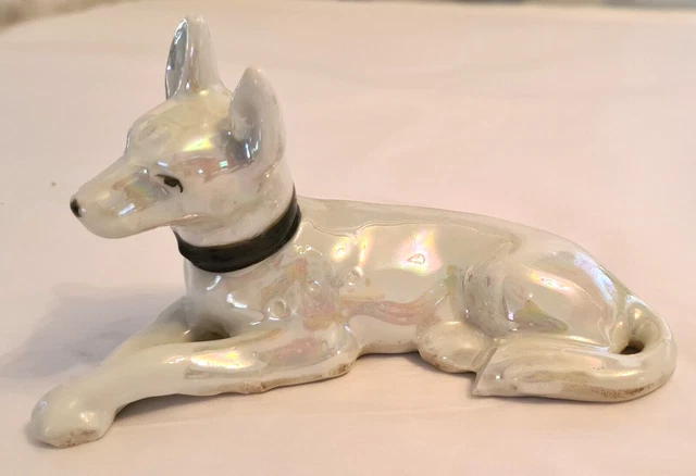 Vintage Lusterware Dog Figurine Japan Iridescent White Porcelain   CTBL