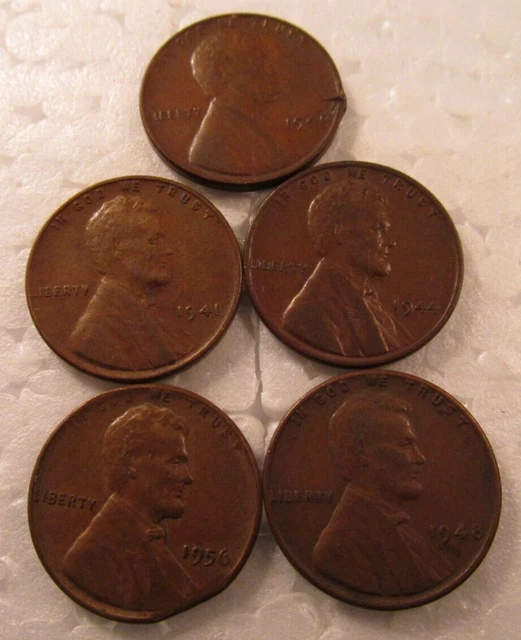 5 Wheat Pennies-1940, 1941, 1944, 1948 ,1956  (L46)