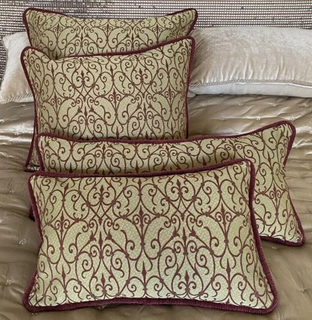 ❇️ New SAGE GREEN BURGUNDY Arabesque Piped Cushion Covers Oblong Square or Euro