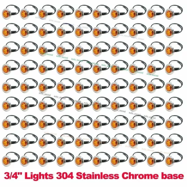 100X 12V Amber 3/4" Round Side 3 LED Marker Trailer Bullet Chrome Stainless Lamp