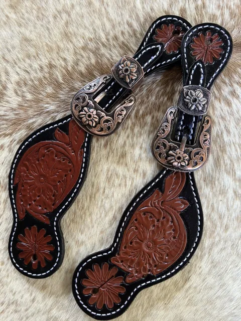 Ladies Floral Tooled Genuine Leather Western Pair Spur Straps