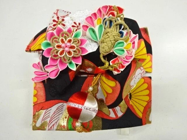 37888# Japanese Kimono / Ribbon Tsukuri Obi For Girls / Woven Cram With Flower