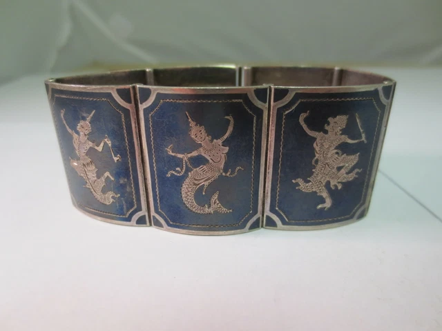 Vintage Siam Sterling Silver Niello Enamel Thai Dancer Bracelet