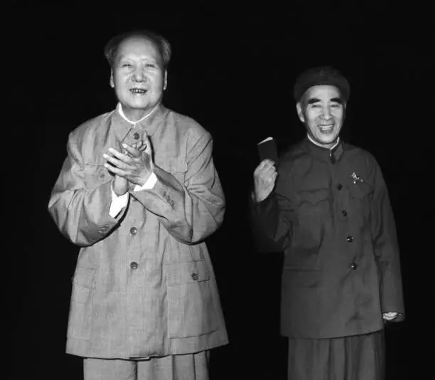 Chairman Mao Lin Biao holding up Little Red Book Beijing China- 1968 Old Photo