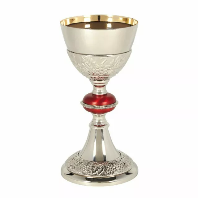 Grape Patterned 24kt Gold Nickel Plate Red Node Chalice and Paten Set, 9 3/4 In