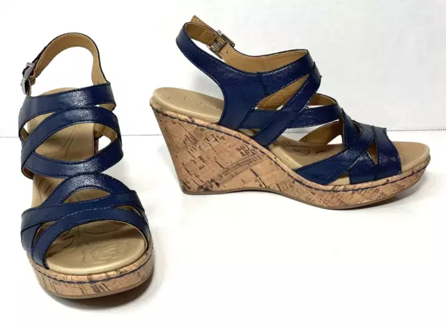 B.O.C. Sandals Women's 7M Strappy Ankle Strap Cork Wedge Royal Blue