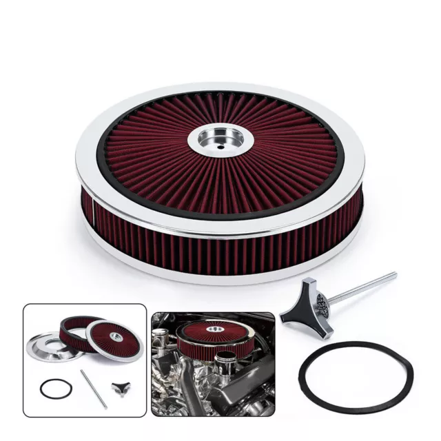 High Flow 14" x 3" Round Red Thru Washable Air Cleaner w/ Chrome Lid For SBC BBC