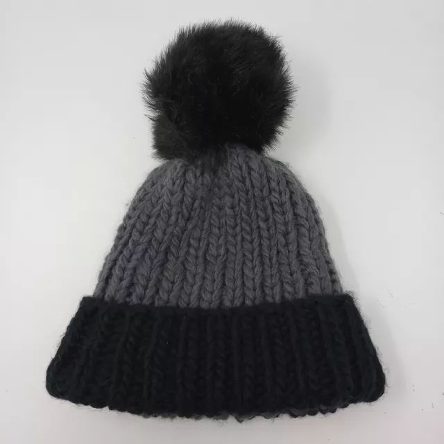 Kyi Kyi Knit faux Fur Pom Black Gray Handmade Canada Womens Winter Hat Cap