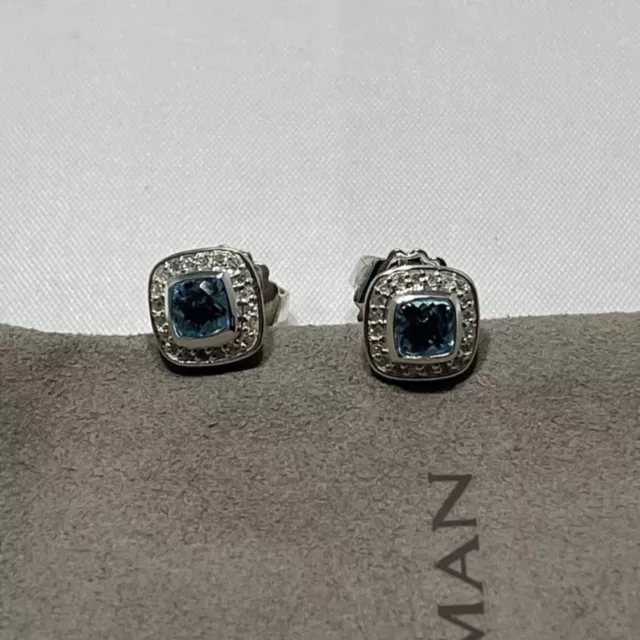 David Yurman Sterling Silver Petite Albion Earrings Blue Topaz & Diamonds 5x5mm