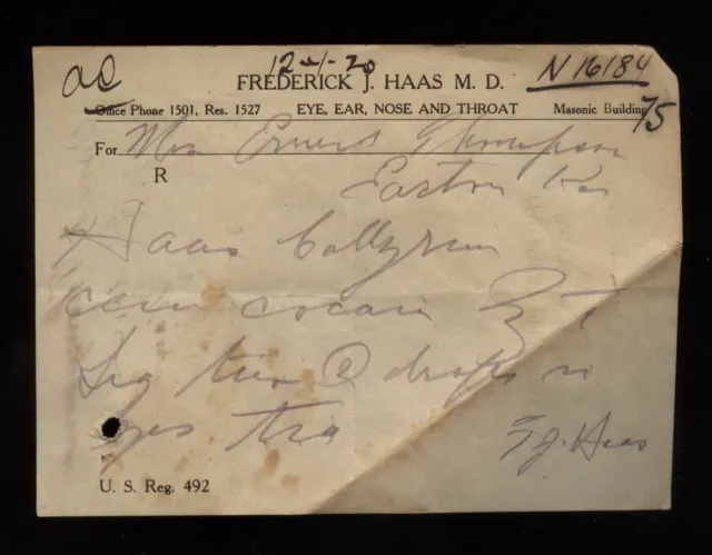 FREDERICK J HAAS MD Leavenworth Kansas Handwritten COCAINE Prescription 1920 #5