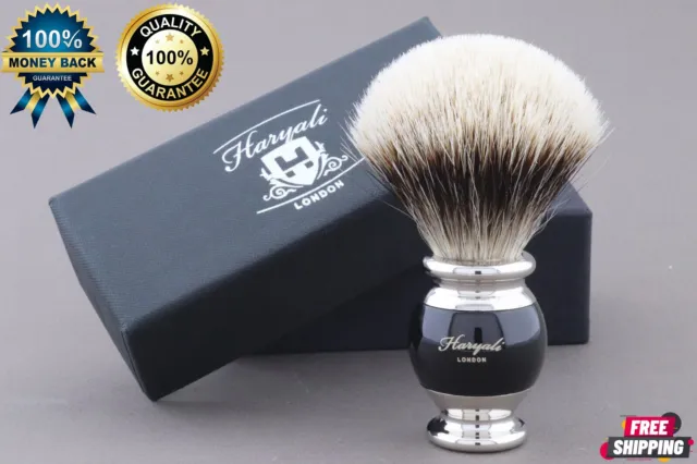 Men's Shaving Brush Silver Tip Badger Hair Bristles & Stunning Black Handle