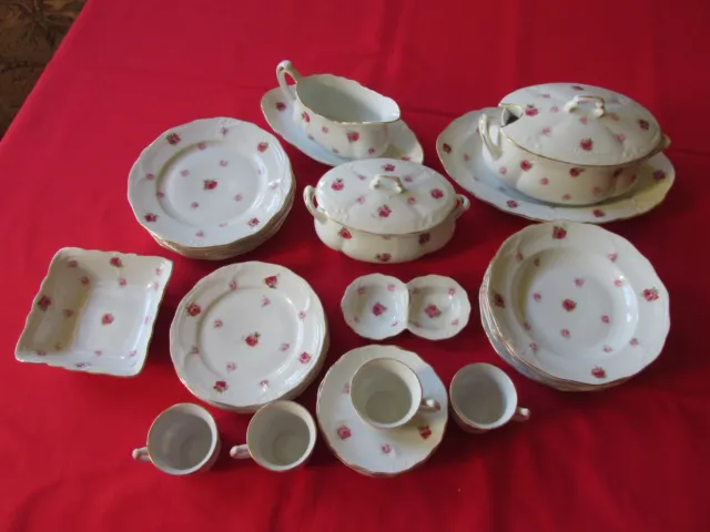 Rare 28PC Antique Child-Sized Pink Rose Chintz Porcelain Dinner Service for 4.