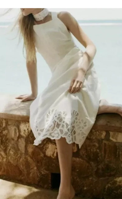 ZARA WHITE LINEN Blend Midi Flared Dress With Lace Hem, Wide Straps Size M  Bnwt 30.76 - PicClick UK