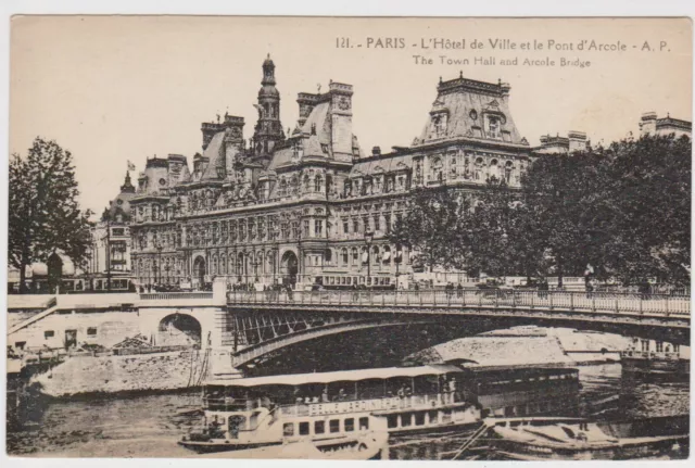 Postcard France Paris Arcole bridge town hall c.1907 Boat Belle Jardinere