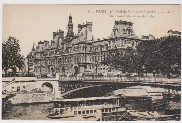 Postcard France Paris Arcole bridge town hall c.1907 Boat Belle Jardinere