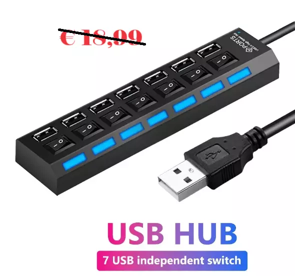 Multi 7 Porte USB 2.0 HUB SPLITTER ADATTATORE, Ciabatta USB con cavo da 30CM