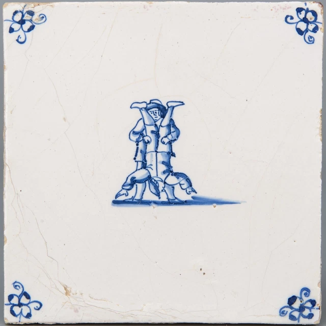 Nice Dutch Delft Blue tile, child play: handstand, late 17th ct, ca. 1680.