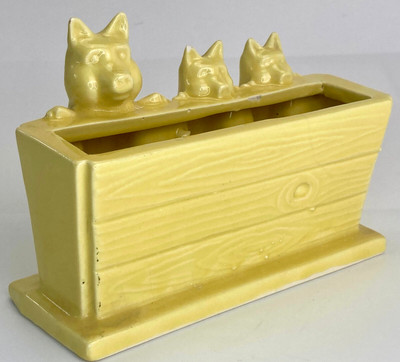 3 Pigs at Trough Figurine Planter Yellow Glazed Ceramic c.1955 Vintage 6" x 5.5"