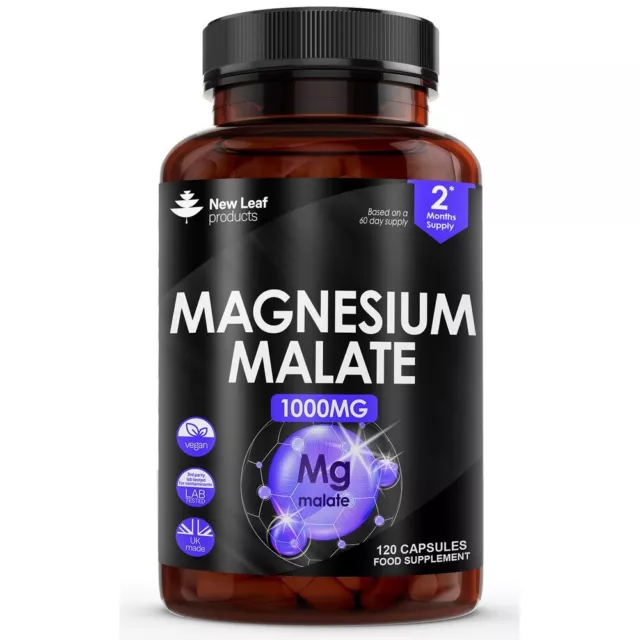 Magnesium Malate Capsules (120) High Strength 1000mg Bones & Sleep Support Vegan