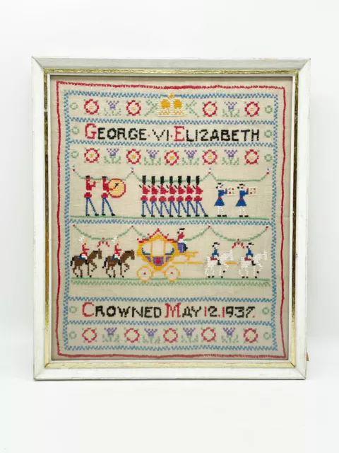 Antiker Tandteppich King George V Elizabeth Gekrönt 1937 Gerahmt Königliches Sammlerstück