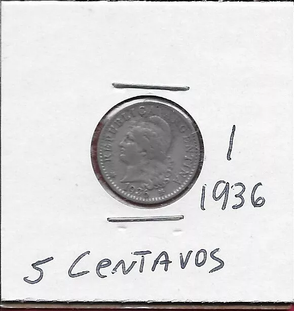 Argentina 5 Centavos 1936 Vf Capped Liberty Head Left,Denomination Within Wreath