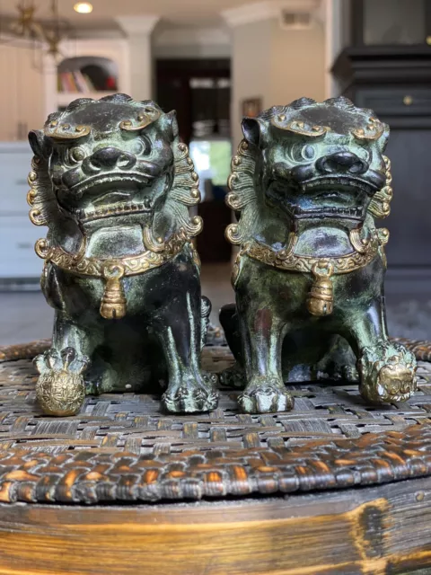 China FengShui Bronze Foo Fu Dog Guardion Lion Ball Lionet Animal Statue Pair