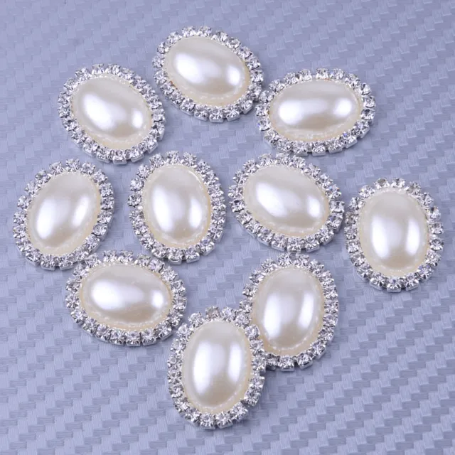 10x Rhinestone Diamante Button Oval Pearl Flat Back Wedding Embellishment DIY