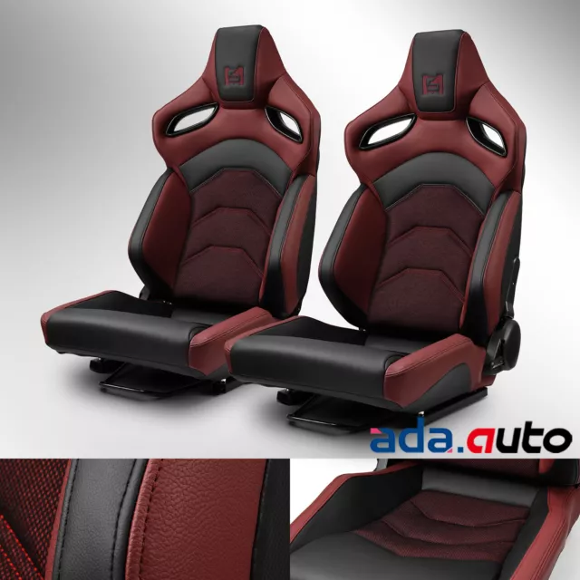 Universal Reclinable PVC Racing Seats Pair Car Seat Black-Red Full Set w/Sliders