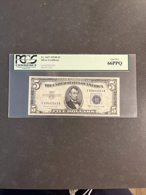 1953 B $5 Silver Certificate Note Fr.1657 Fa Block Pcgs Gem New Unc 66Ppq